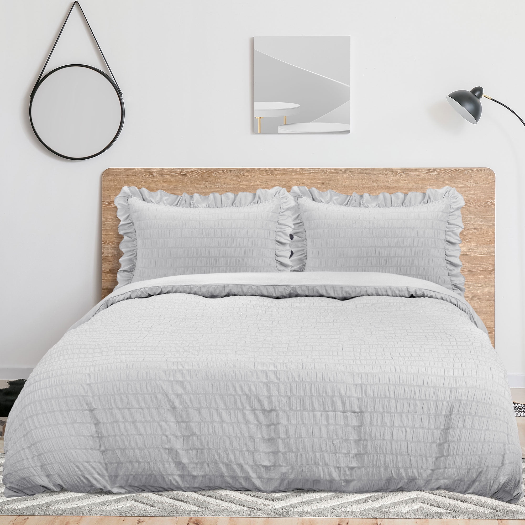 Unique Bargains Microfiber 3 Pieces Seersucker Duvet Cover Set Queen Light Grey