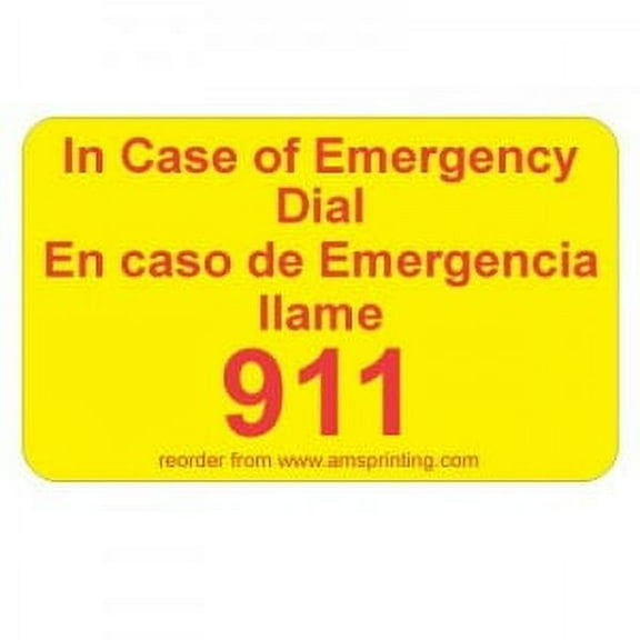 Emergency 911 Phone Stickers, 10 Laminated Stickers on Yellow Gloss with Red Ink. Preprinted popular label in both English & Spanish. Permanent and Self-adhesive labels. Label Size: 2"(w) x 1 1/4"(h)