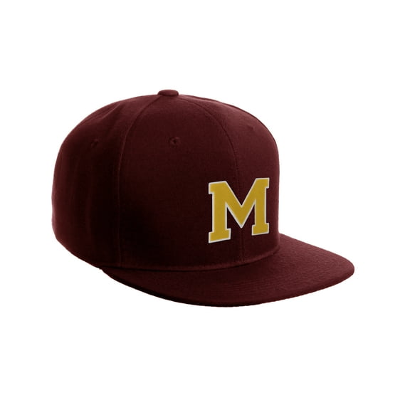 Classic Snapback Hat Custom A to Z Initial Letters, Burgundy Cap White Gold Letter Initial M