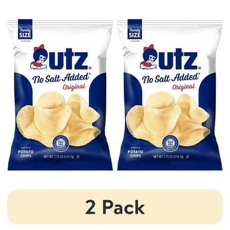 (2 pack) Utz No Salt Added Original Potato Chips, Gluten-Free, Family Size, 7.75 oz Bag