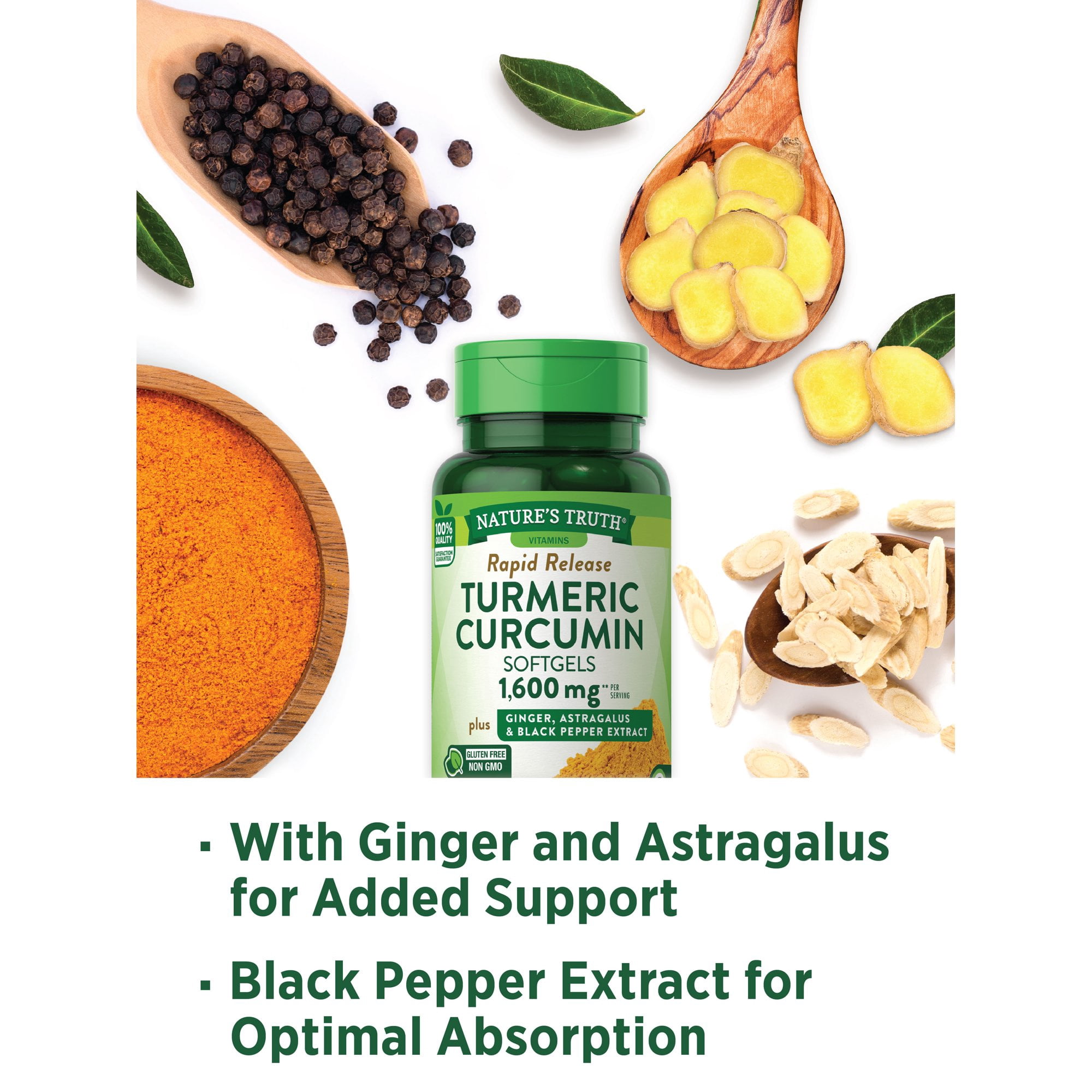 Nature's Truth Turmeric Curcumin 1600mg, 60 Softgel Capsules With Ginger, Astragalus, & Black Pepper Extract *EN