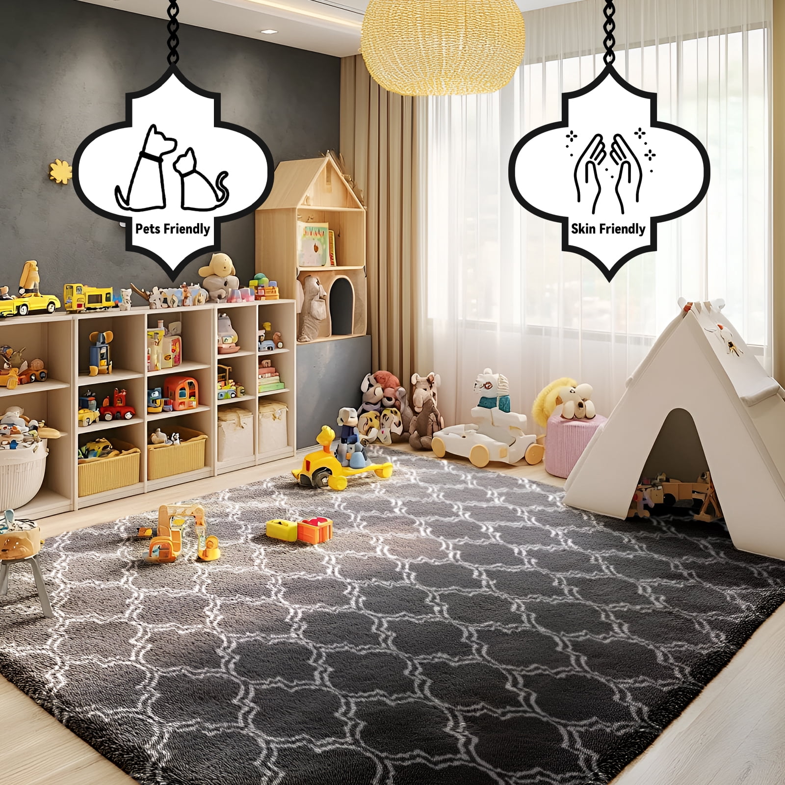 Pentantan 5ft x 8ft Geometric Shag Area Rugs for Living Room, Moroccan Fluffy Bedroom Carpet, Dark Gray