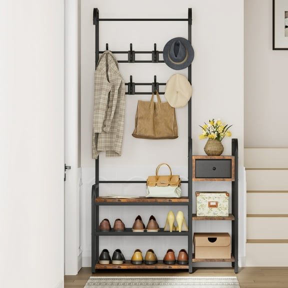 Hall Tree with Shoe Bench,Entryway Coat Rack with Shoe Storage Shelves,Entryway Organizer with 8 Hooks,Wooden Industrial Metal Frame,Clothes Rack Stand Organizer for Bedroom,Hallway,5 in 1