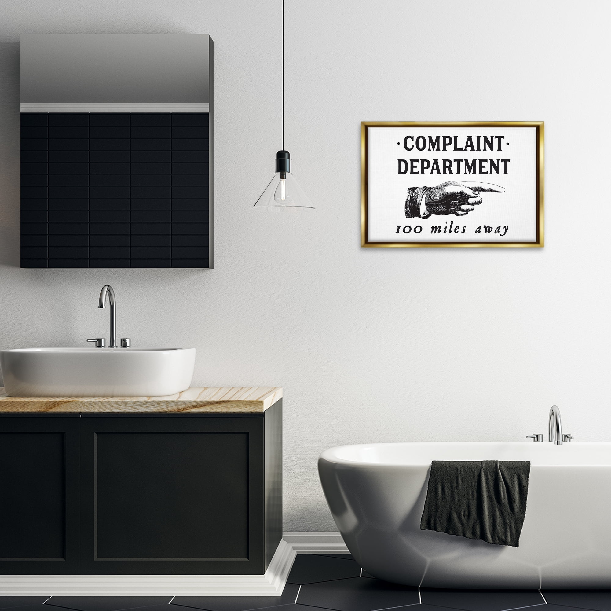 Stupell Industries Complaint Department Pointing Typography Painting Gold Floater Framed Canvas Art Print Wall Art, 25 x 17