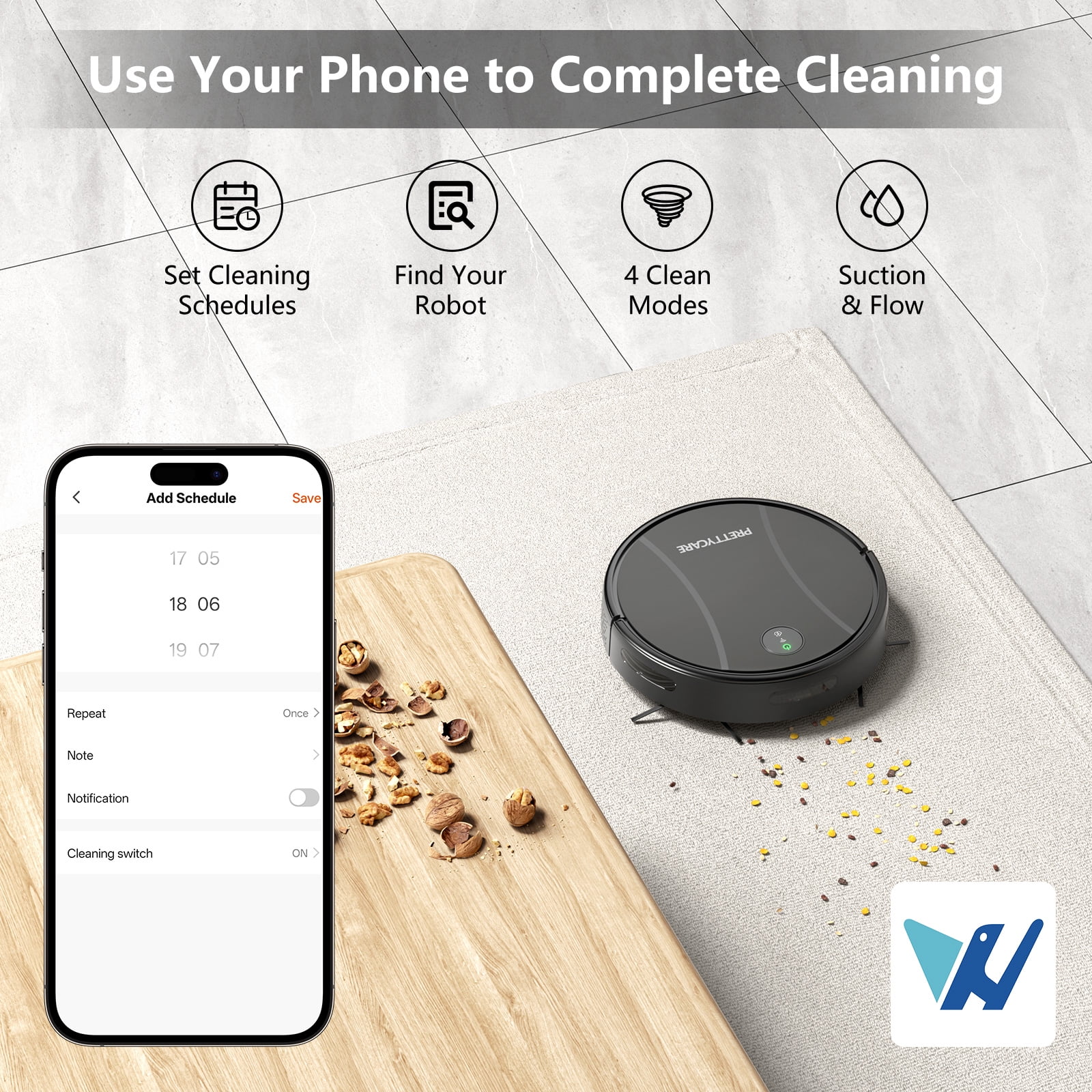 Prettycare C2 3 in 1 Robot Vacuum Mop and Sweep Combo Cleaner, Black-v2 Prettycare C2 3 in 1 Robot Vacuum Mop and Sweep Combo Cleaner, Black-v2 - Image 6