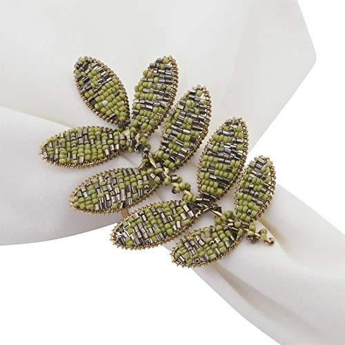 Fennco Styles Hand Beaded Leaf Decorative Napkin Rings, Set of 4 - Green Napkin Holders for Home, Dining Room, Banquet, Family Gathering, Holiday Décor and Special Occasion