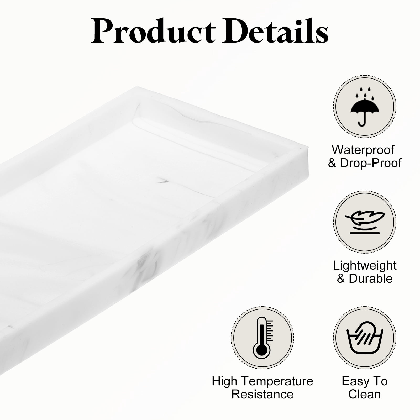 2Pcs Bathroom Vanity Tray, 11.8"x5" Silicone Soap Dispenser Trays, Marble White