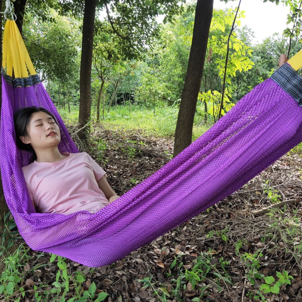 Summer Outdoor Silk Mesh Hammock Swing Bent Stick Anti-Tip Hammock Chair for Camping Travel Garden Yard
