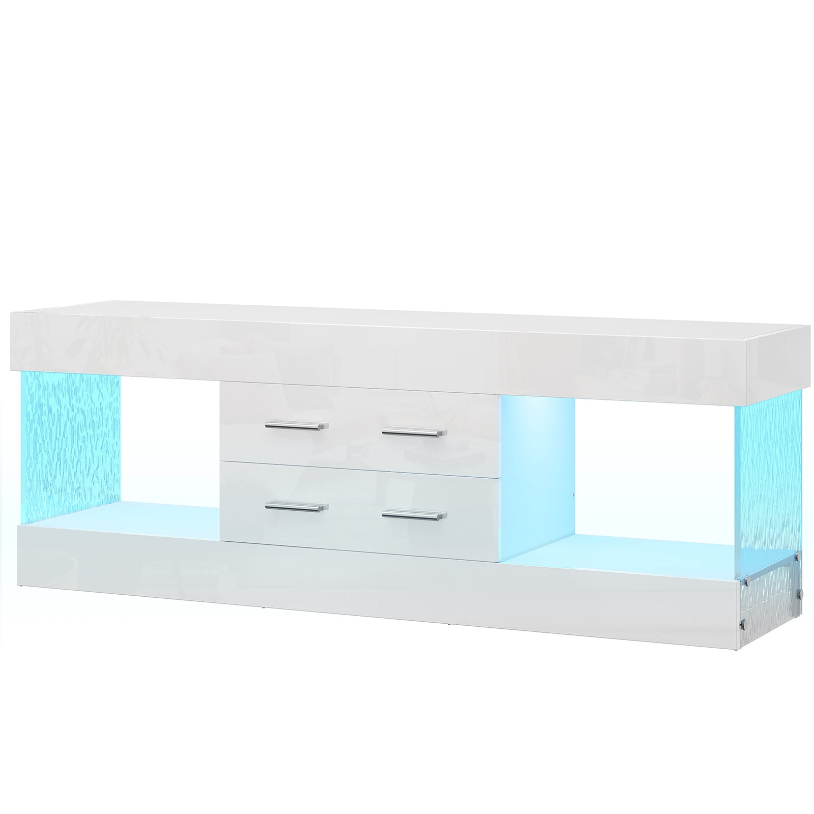Bestier White TV Stand for TVs up to 65", Modern High Gloss Entertainment Center for TVs with LED Light, TV Console Table with 2 Storage Drawers
