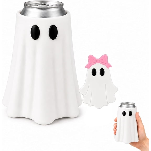 Halloween Ghost Can Holder with Bottle Opener 3D Printed Beverage Can Sleeve for 12 oz Cans Cute Ghost Figurine Table Decor for Parties Desks & Kitchens