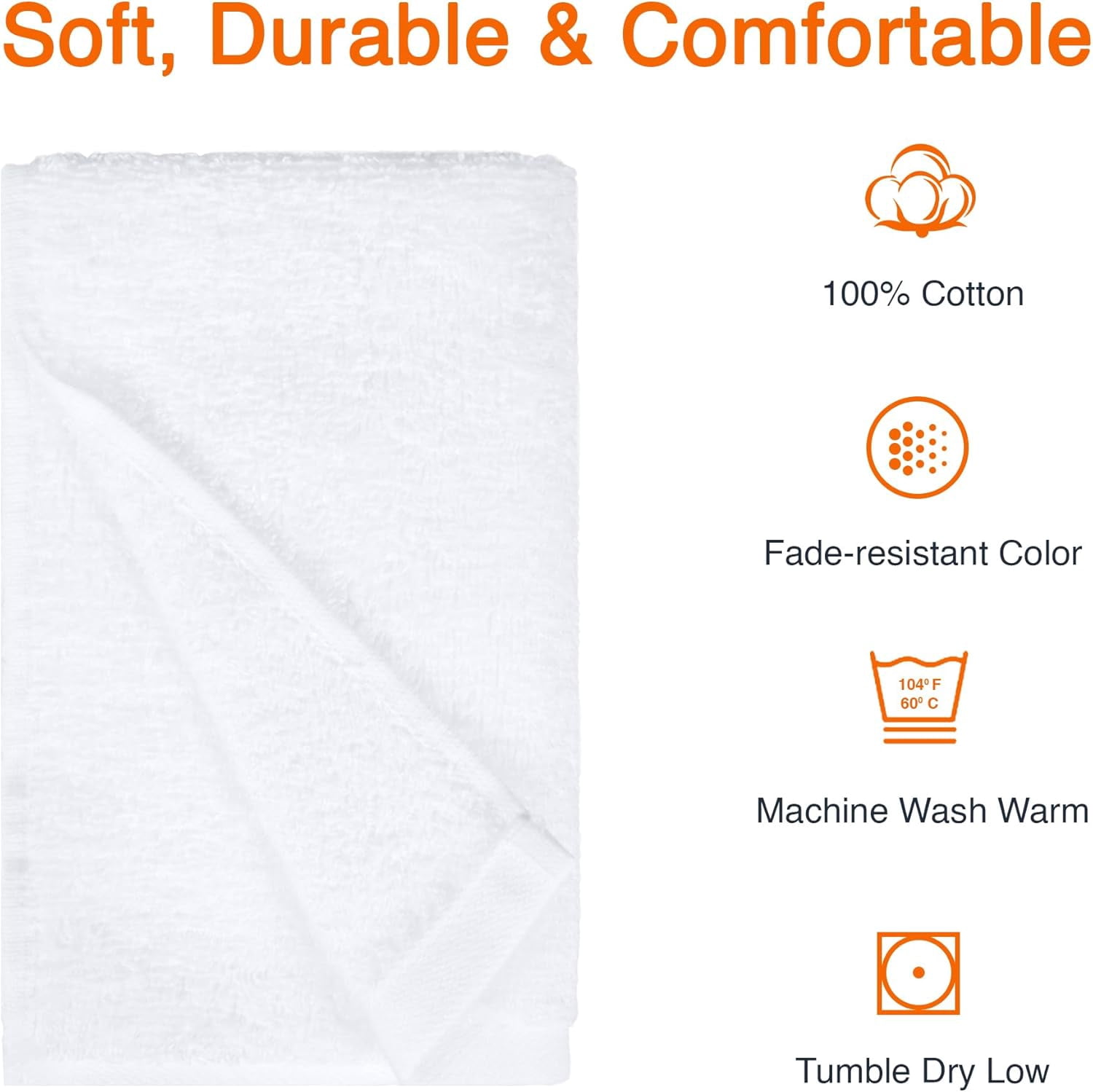 Soft and Thick Cotton Hand Towels for Bath, Kitchen, Gym, 16 x 26 in, White, 12-Pack