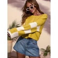 thumbnail image 5 of Womens Casual Checkered Color Block Sweaters Crew Neck Long Sleeve Cropped Knit Pullover Yellow M, 5 of 9