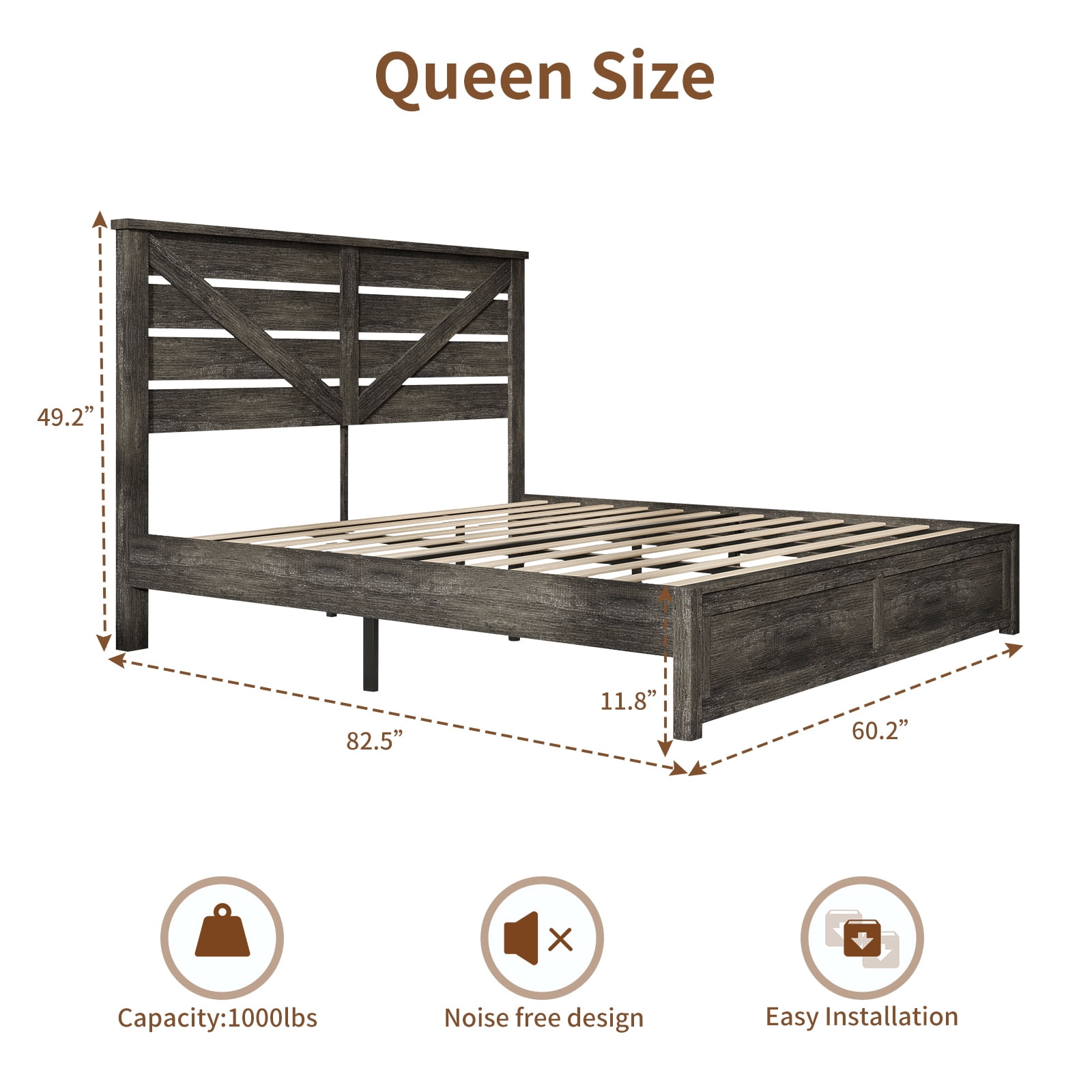 VanAcc Queen Size Platform Bed Frame with Wood Grain Headboard, Farmhouse Bed Frame with Storage/No Box Spring Needed/Noisy Free/Easy Assembly/Grey