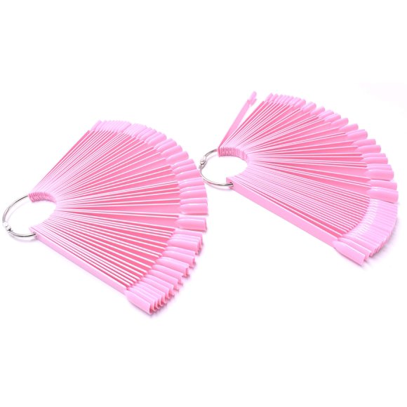 2 Sets 100 Tips Fan Shape Plastic Nail Art Tips Display Polish Board Display Practice Sticks with Metal Split Ring Holder (Pink)