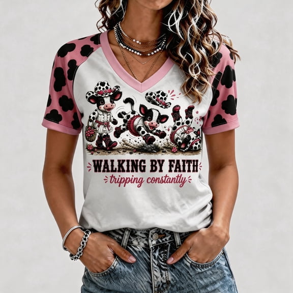 Women's Walking By Faith Tripping Constantly T-Shirt Cute Cow Pattern Printed Short Sleeve V Neck Tee Tops