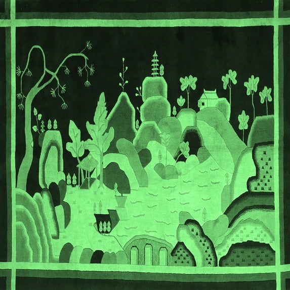 Ahgly Company Indoor Square Oriental Emerald Green Asian Inspired Area Rugs, 7' Square