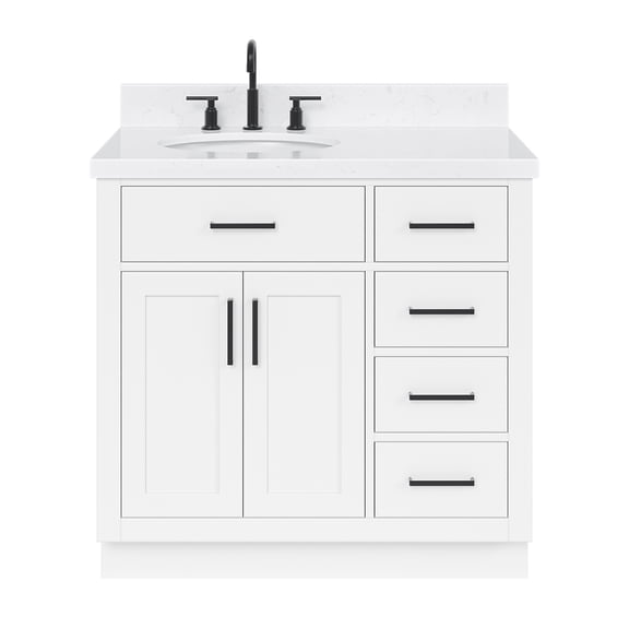 Ariel Hepburn 36 In. Left Offset Oval Sink Bathroom Vanity With Carrara White Quartz Countertop 1.5 Edge In White