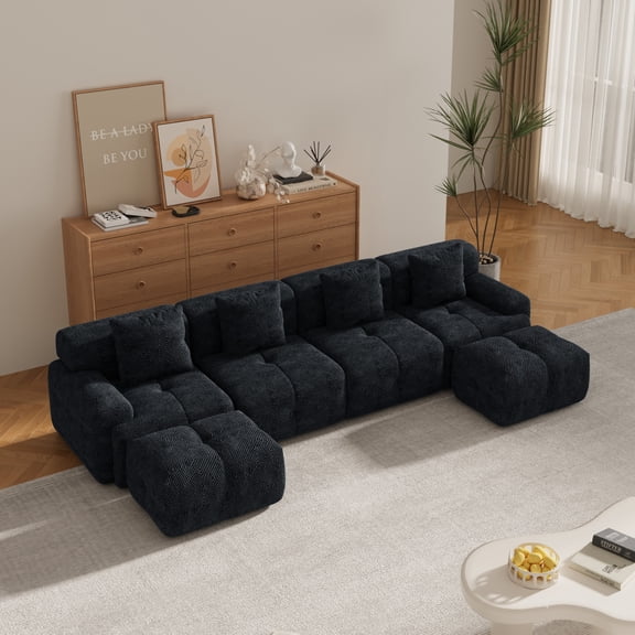 135.4" Modular Sectional Sofa Bed Chaise, U-Shaped Oversized 4-Seater Boneless Block Floor Corner Couch Set with 2 Ottomans & 4 Pillows for Living Room, Charcoal