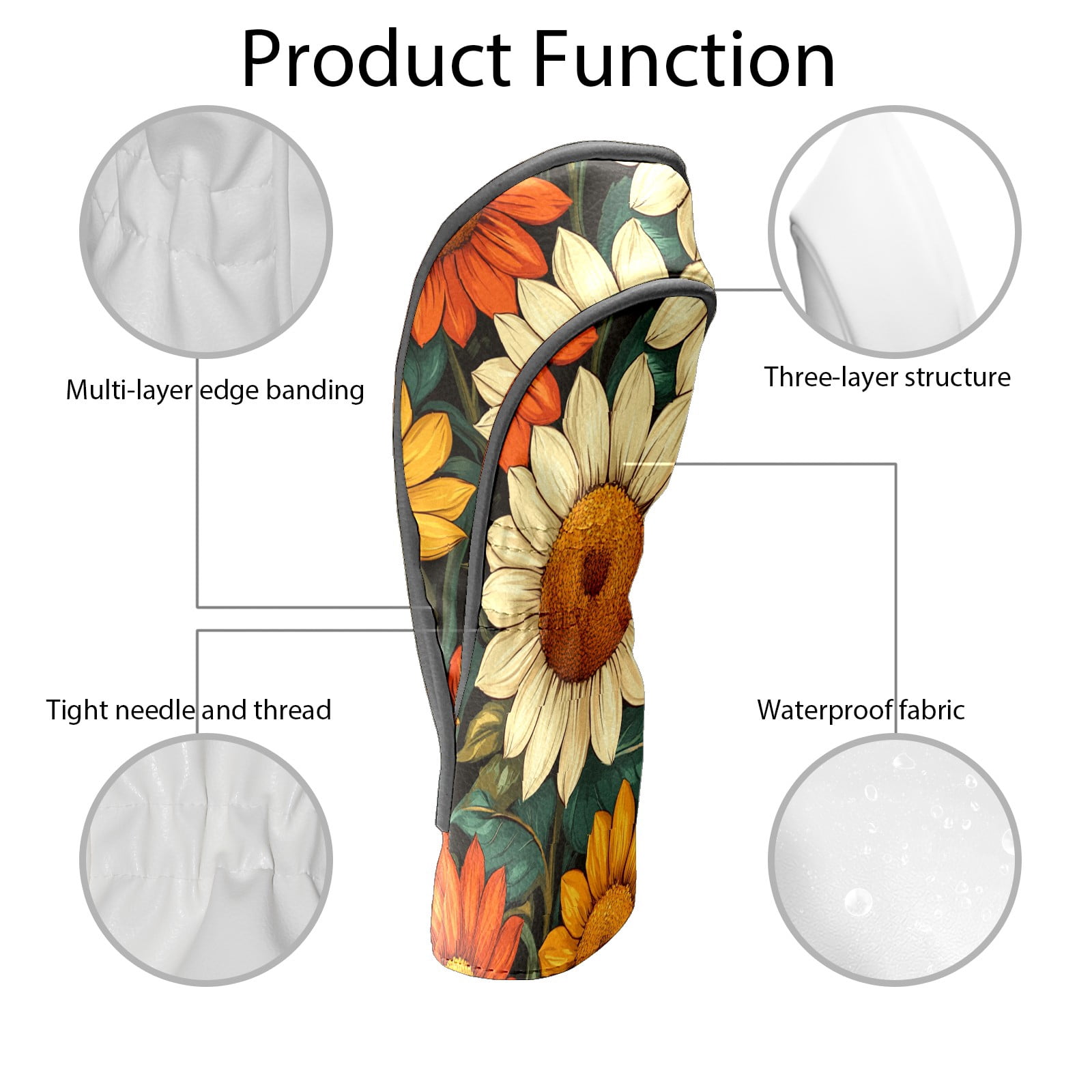 Golf Club Covers PU Leather Waterproof Head Covers for Fairway Woods Hybrids Sunflower Unisex Fits Most Brands