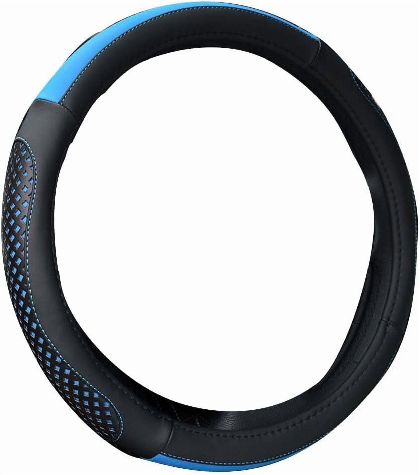 Car Steering Wheel Cover Hole Perforation Anti-Slip Universal 15 Inches Leather for Women, Black Blue