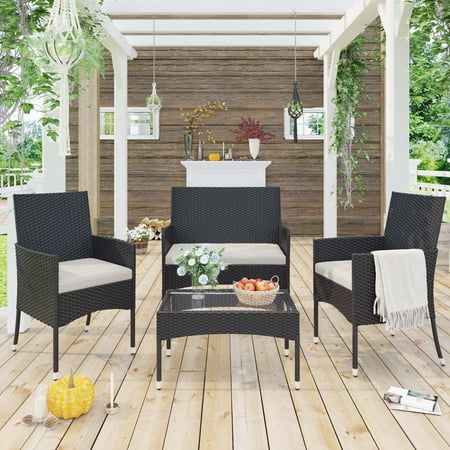 4 Piece Patio Conversation Set Outdoor Rattan Sofa W/ Table Set Patio Bistro Wicker Table Set Patio Furniture Set with Soft Cushions & Tempered Glass Table for Poolside Courtyard Deck T2049