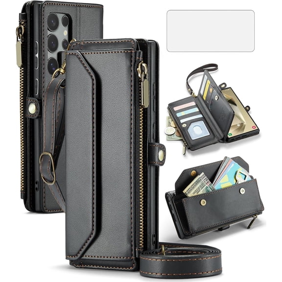 Phone Case for Samsung Galaxy S24 Ultra 5G Zipper Wallet Cover with Tempered Glass Screen Protector and Leather Flip RFID Blocking Card Holder Cell S24Ultra 24S S 24 24Ultra Women Girls Black