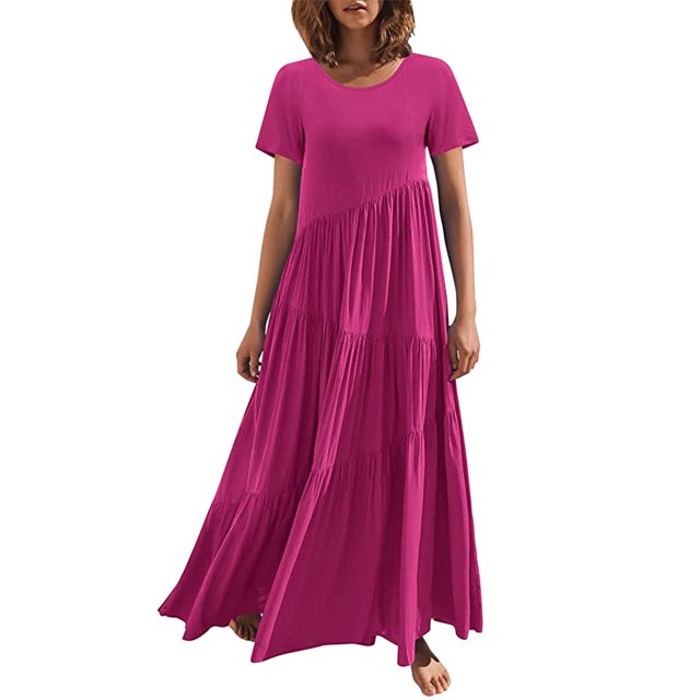 B91xZ Robe Grande Taille pour Femmes Décontractée Ample Manches Courtes Longue Robe Fendue Maxi Été Hiver avec Poches, Rose Vif m