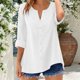 thumbnail image 1 of Craaazy Women's Casual V Neck Blouse, Solid Color 3/4 Sleeve Lace Detail Top, Loose Fit Comfy Button Down Shirt for Daily Wear Gifts, 1 of 7