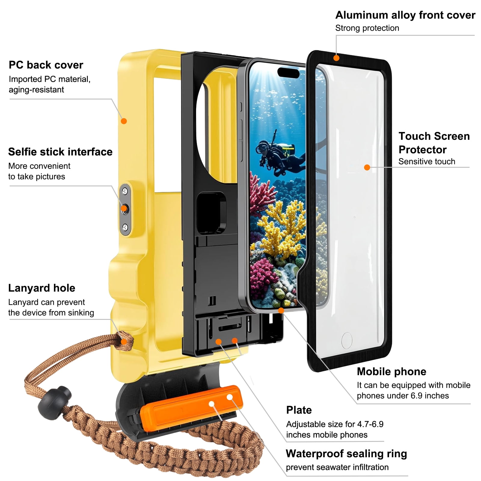 IP68 Waterproof Phone Housing Snorkeling Scuba Diving Case for Swimming Surfing Underwater Touch Screen Phone Cover for iPhone Samsung LG Motorola Google Universal Under 6.9 inch(Yellow)