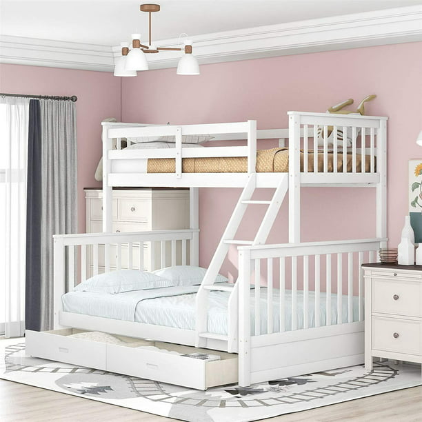 Bright Designs Twin Over Full Bunk Bed, White Twin Size House Bed With Trundle By Harper And Bright Designs