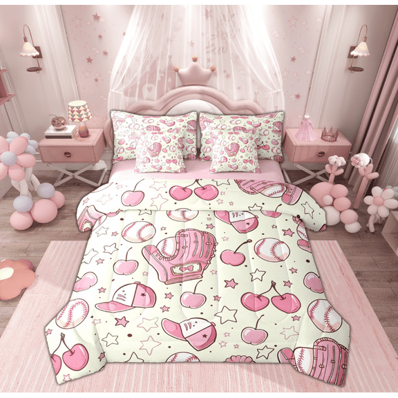 Manfei Cartoon Baseball Glove Twin Bedding Sets 7-Piece, Yellow Pink Bedding Comforter Set, Kawaii Stars Cherry Print Reversible Sheet Sets, Lightweight Room Decor