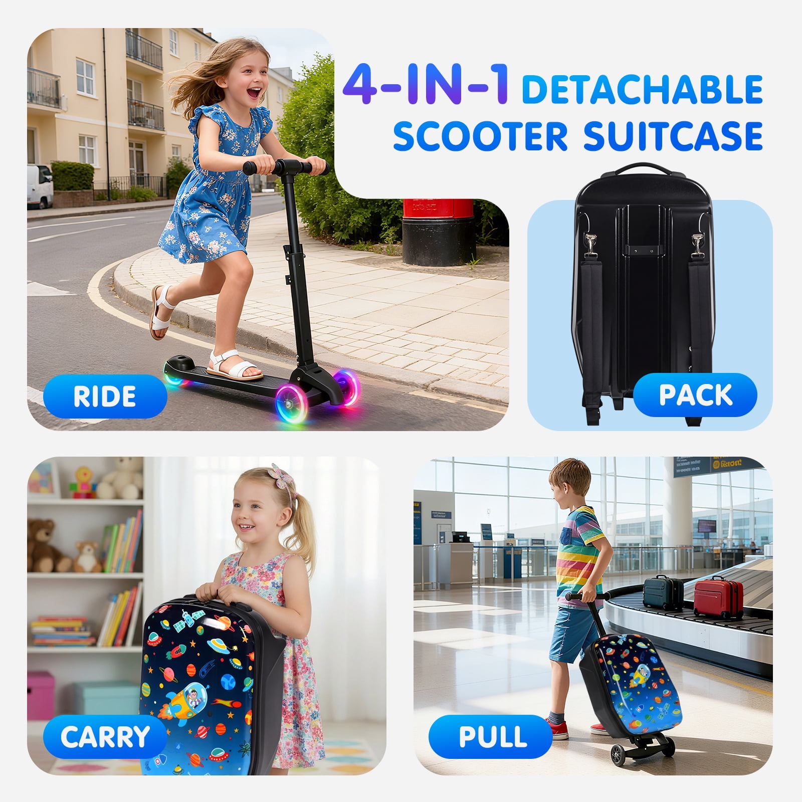 Advwin Kids Scooter Luggage with LED Wheels, 4-in-1 Detachable Foldable Ride-On Suitcase, Space-Themed Hardside Carry-On Travel Luggage, Convertible Backpack, Blue
