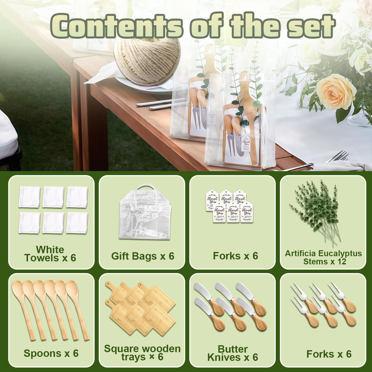 ASKITO 6 Sets Baby Shower Prizes for Game Winners Bamboo Cheese Board Spoon Fork Butter Spreaders Towel Thank You Card and Gift Bags for Baby Shower Wedding Bridal Shower Favors