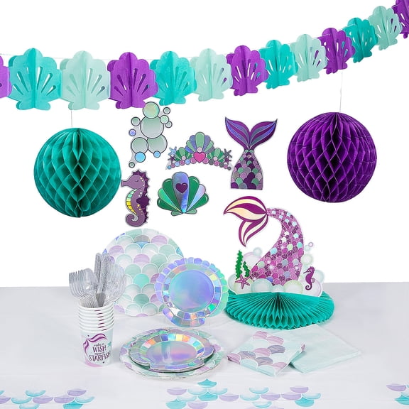 Mermaid Sparkle Tableware Kit for 8 Guests, Party Supplies, Birthday, 99 Pieces