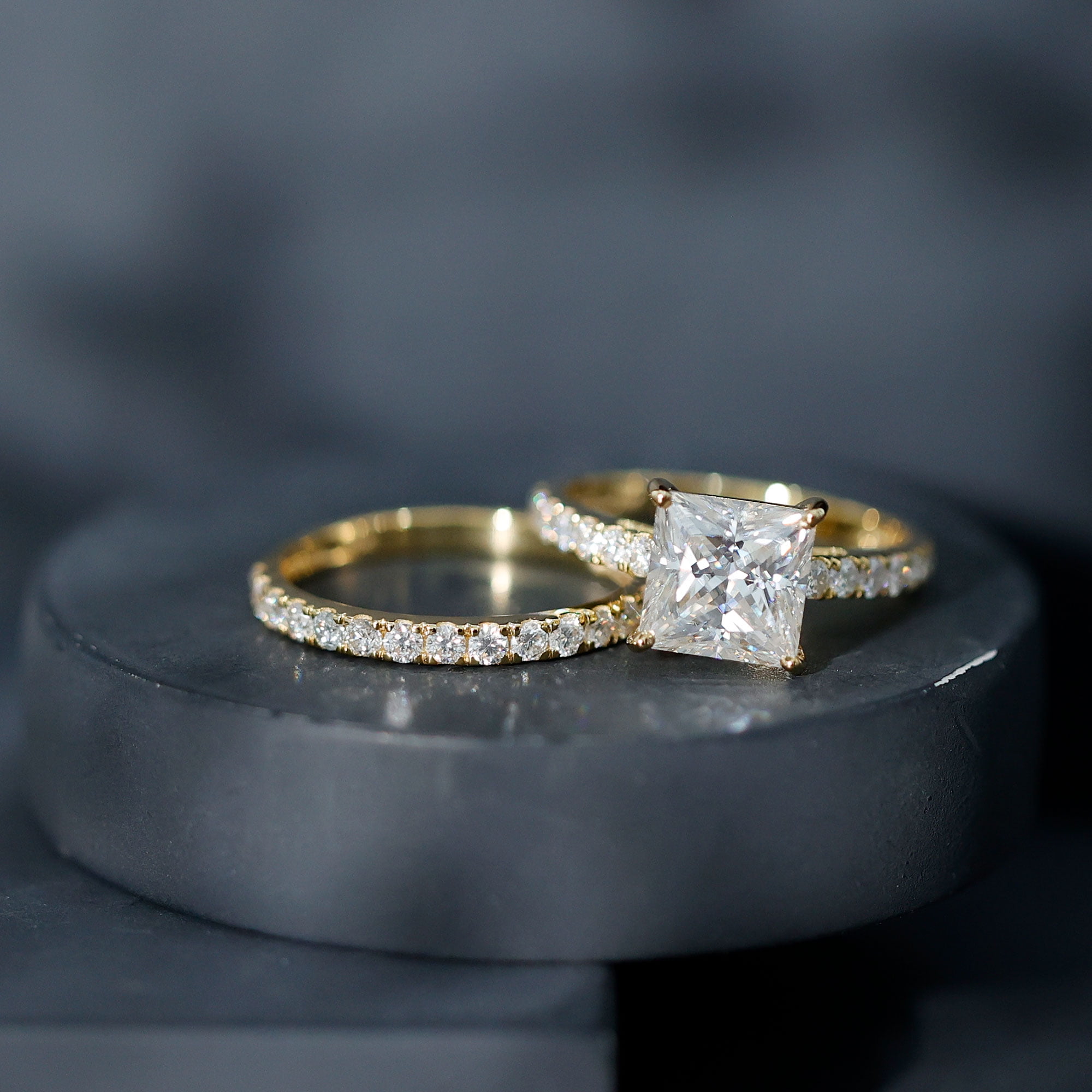 Rosec Jewels Certified Moissanite Princess Cut Wedding Ring Set for Women (8 mm, D-VS1 Quality) - 3 Carat Engagement Ring with Band, 14K Yellow Gold, US 10.00