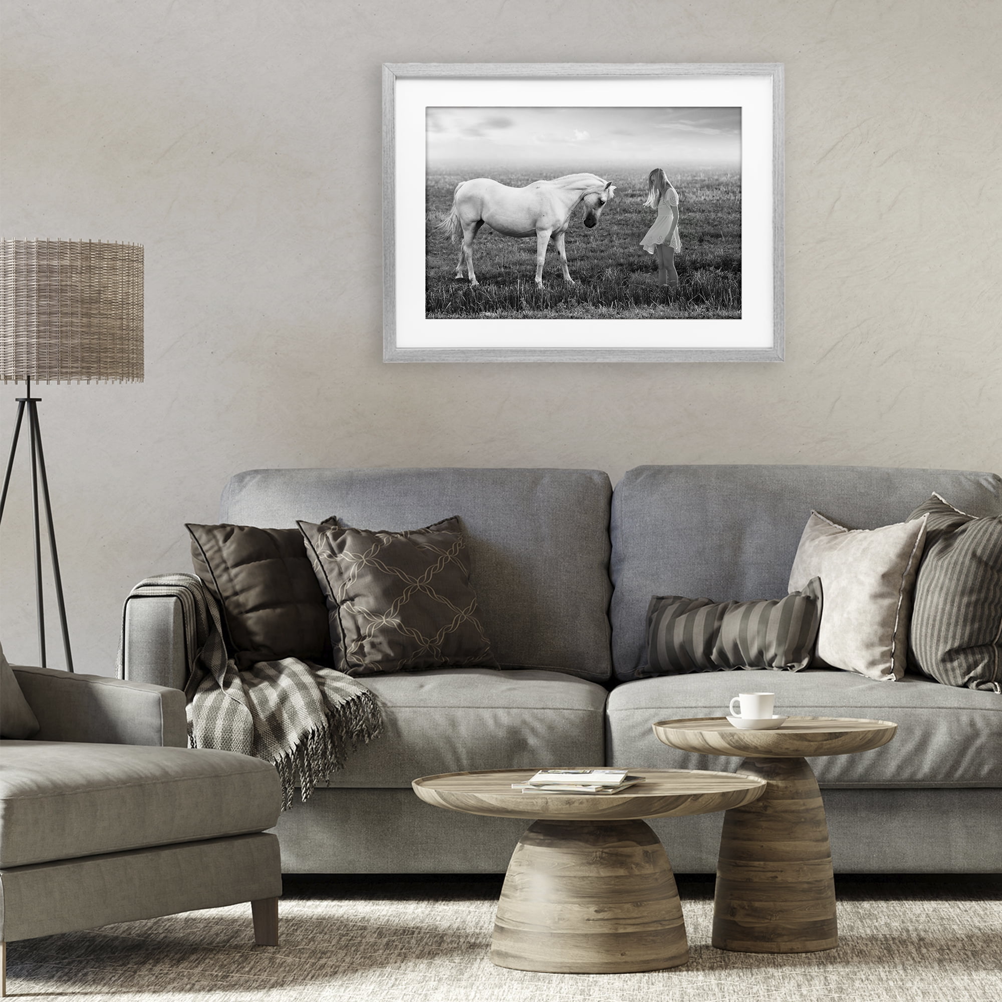 Her White Horse Gray Framed Print Under Glass, design by Ata Alishahi