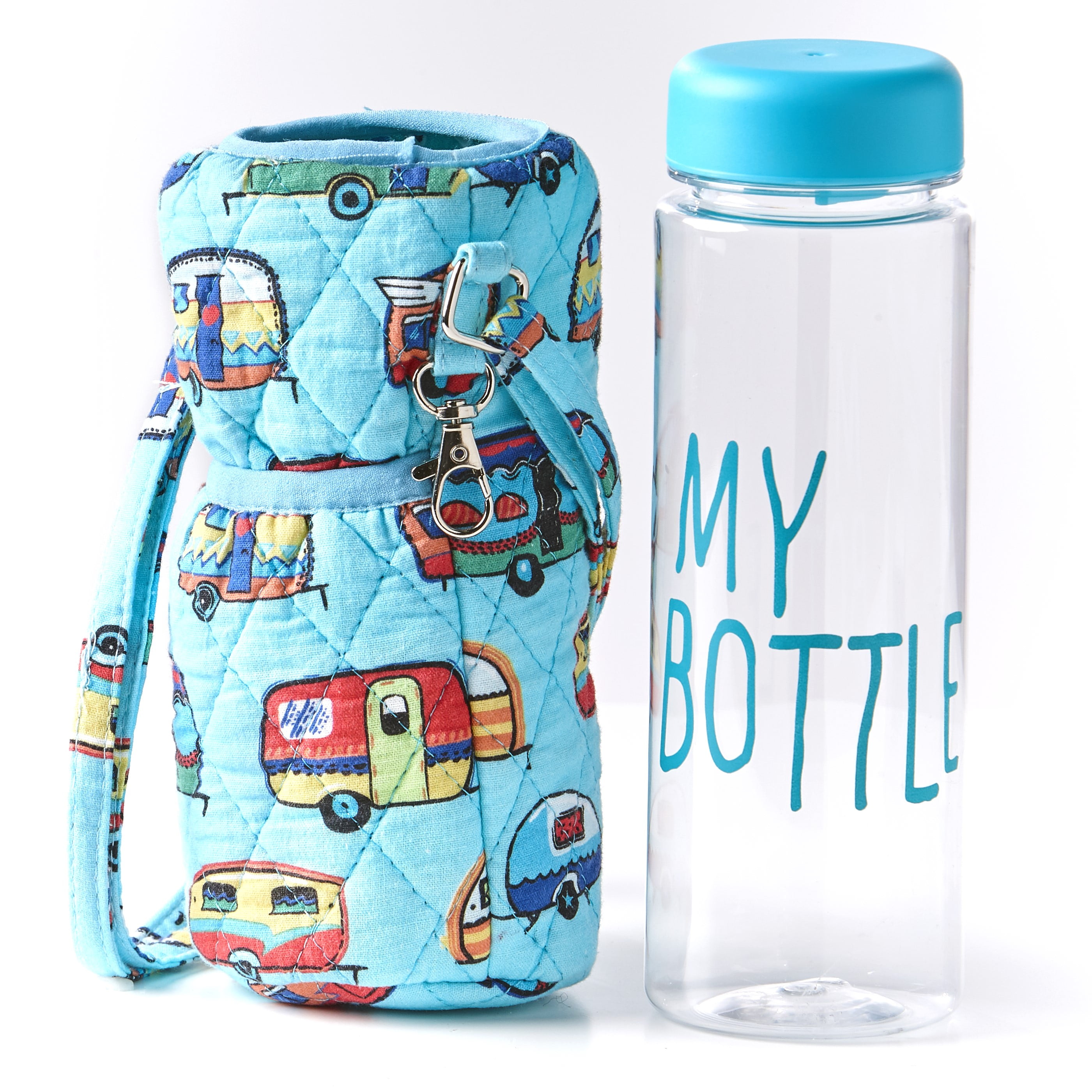 Quilted Water Bottle Carrier with 17 oz. Reusable Plastic Bottle