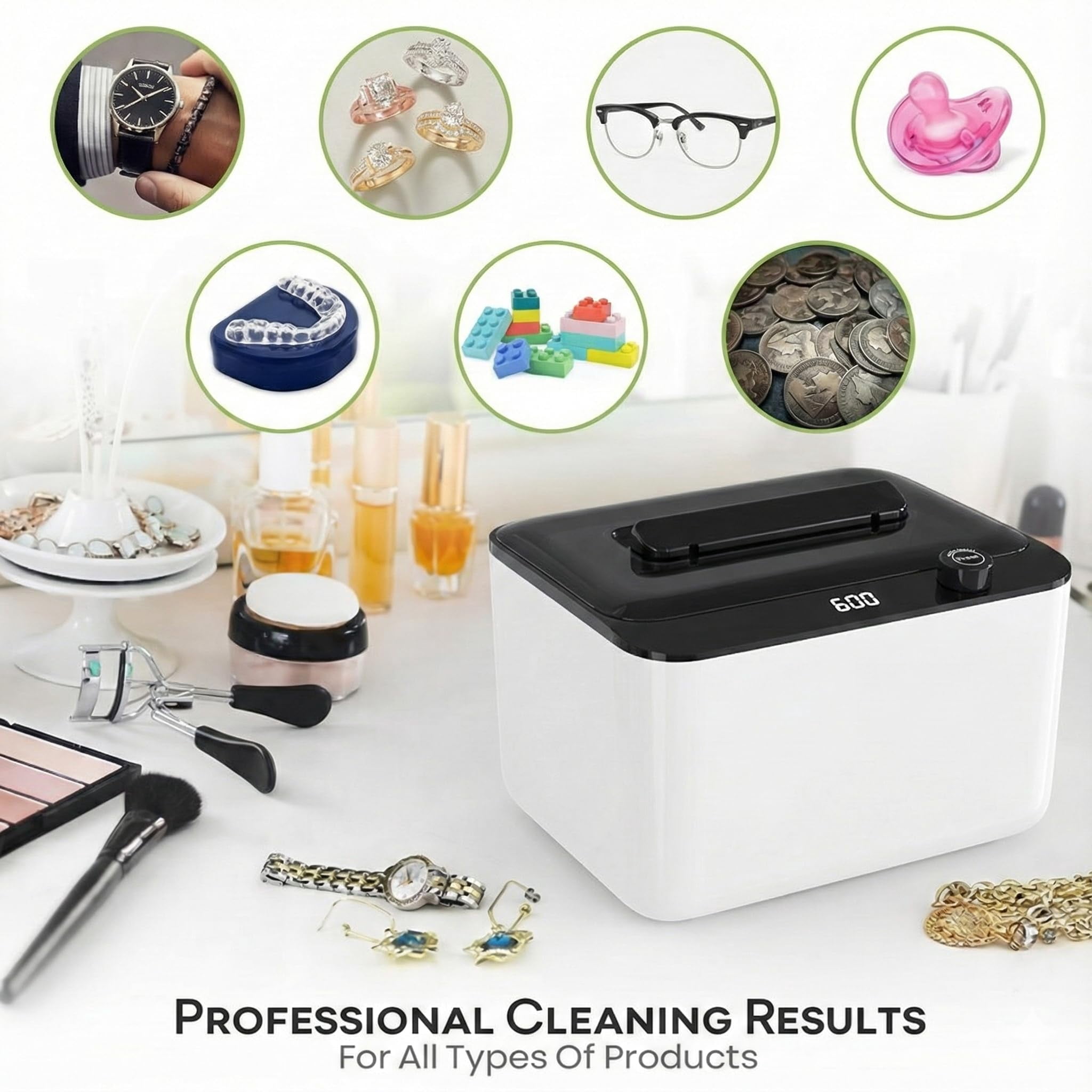Ultrasonic Cleaner 900ML Ultrasonic Jewelry Cleaner 45kHz Denture Cleaning Machine for Jewelry/Rings/Eyeglasses/Watch Strap