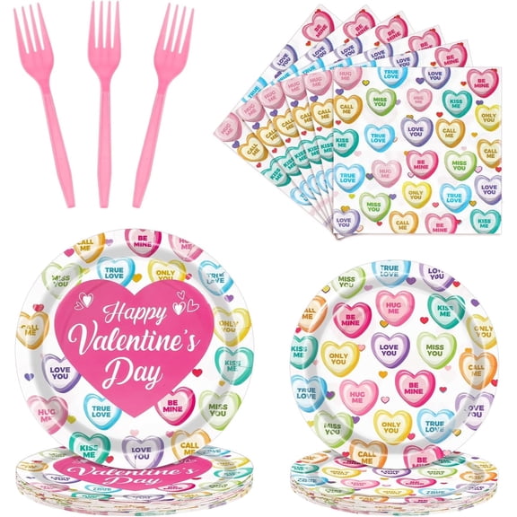 96PCS Valentines Day Tableware Set for 24 Guests, Colorful Heart Plates Napkins with Forks, Happy Valentines Love Heart Party Favor Valentines Day Party Supplies Decor