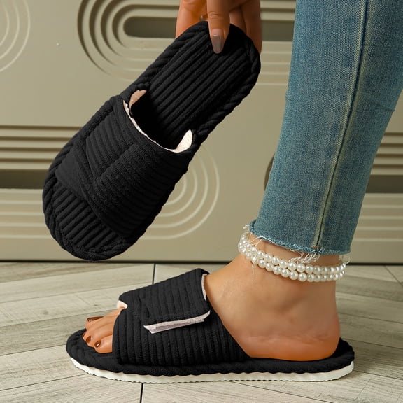Domzle Women's Orthopedic Slippers with Arch Support Comfy Adjustable Memory Foam Slides Open Toe House Slippers Bedroom Shoes for Indoor Outdoor Black