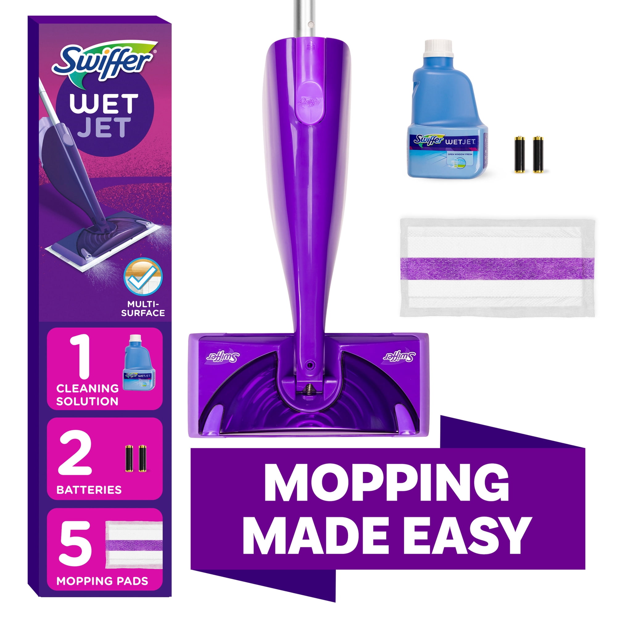 Swiffer Wet Jet with Refill, Unscented, 1 Handle + 1 Solution & 5 Pads (Battery Included)