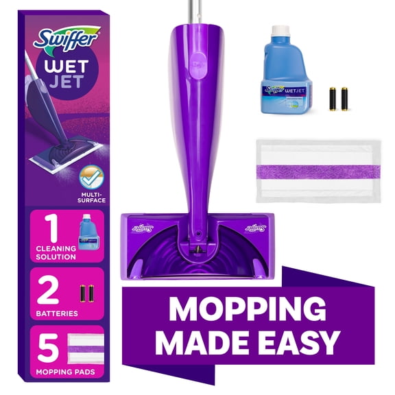 Swiffer Wet Jet with Refill, Unscented, 1 Handle 1 Solution & 5 Pads (Battery Included)