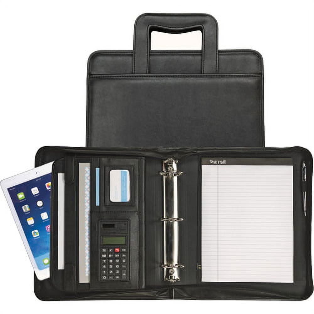 Samsill Sterling Zipper Binder Portfolio Letter - 8 1/2" x 11" Sheet Size - 3 x Round Ring Fastener(s) - 2" Fastener Capacity for Folder - 2 Exterior, Internal Pocket(s) - Vinyl, Leather - Black - 5.2