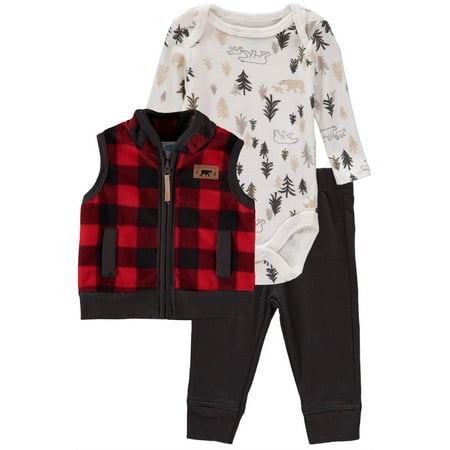 Bon Bebe Boys 0-9 Months 3-Piece Microfleece Bodysuit Pant Set with Vest Red 3-6 Months