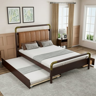 Queen Size Bed, Queen Upholstered Platform Bed Frame with Pull Out Trundle Drawers, Trundle Bed Frames Mattress Foundation for Bedroom, No Box Spring Needed