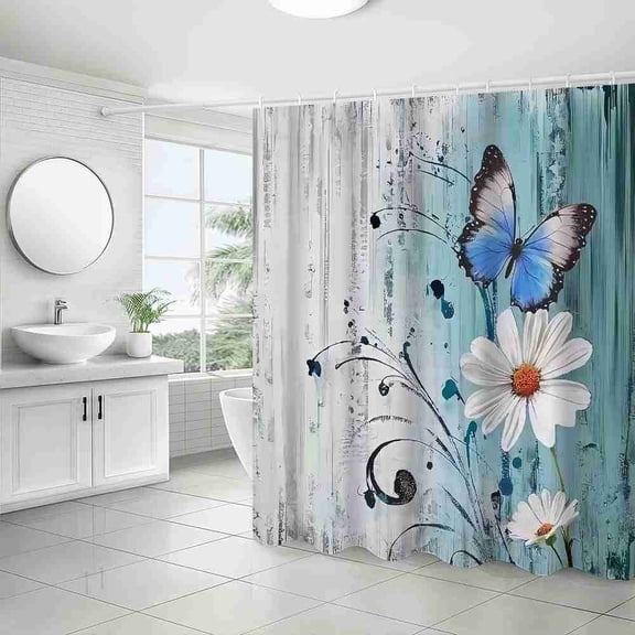 70x70 inch Rustic Blue Wooden Plank Daisy and Butterfly Shower Curtain, Waterproof Polyester Fabric with Hooks for Bathroom Decor