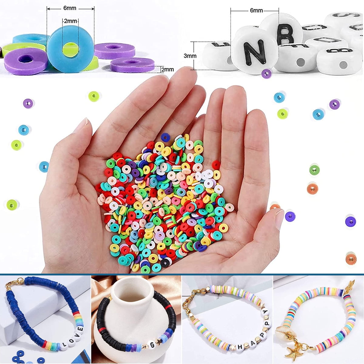  Wergund 6000 pcs Clay Beads for Bracelets Making Kit, 915  Letter Beads, 24 Color 6mm Flat Clay Beads, Jump Rings and Elastic String  Pendant - for DIY Jewelry Making Bracelets Necklace