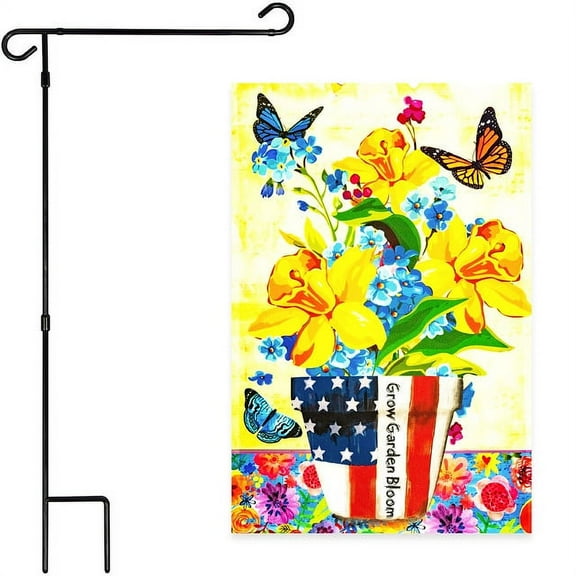 G128 Combo Pack: Garden Flag Stand Black 36x16IN & Garden Flag Garden Spring Bloom USA Flower Pot with Butterflies 12x18IN