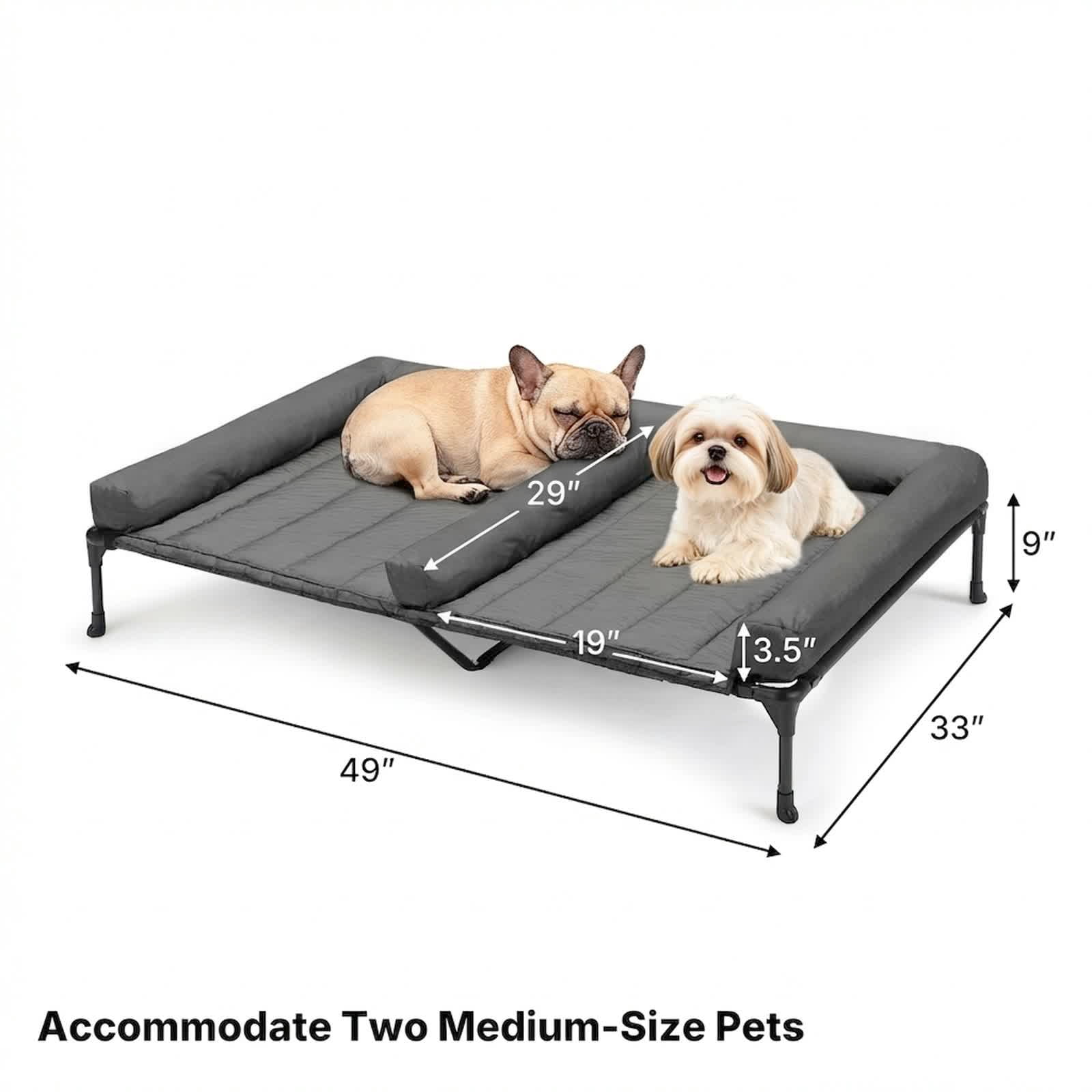 Veehoo Cooling Raised Dog Bed + Removable Double Dog Bed Cushion, 49" x 33", Black Silver