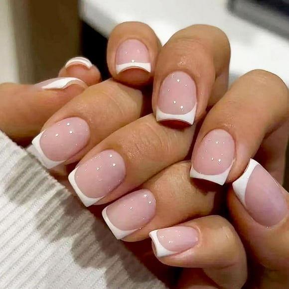 Square Press on Nails Short Fake Nails White French Tip Nails Press ons Glossy Glue on Nails Pink Full Cover Artificial Stick on Nails for Women 24Pcs